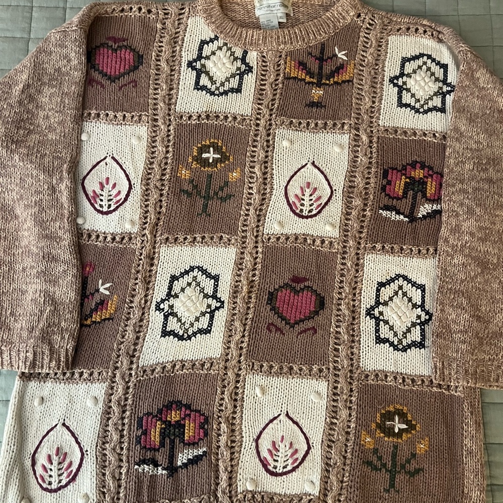 Vintage Patchwork Knit Sweater - Brown and Cream